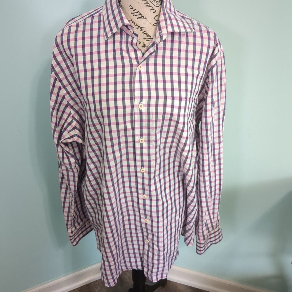 Peter Millar Long Sleeve Button Down Pink/White Check Striped Shirt large Preppy